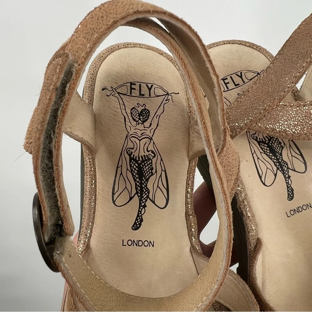 Fly London Women's Metallic Tan Wedge Sandals